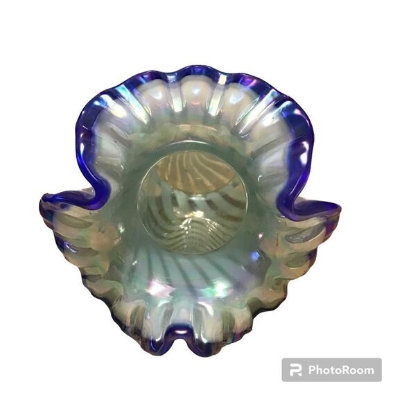 Fenton Iridescent Swirl Blue Crest Glass Pinch Vase - Picture 3 of 5